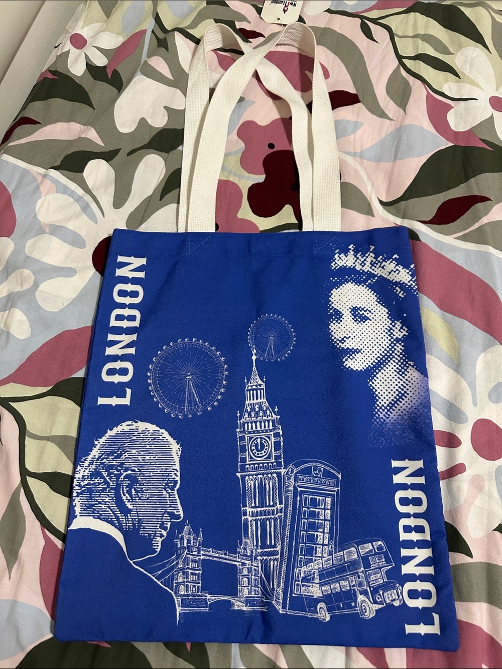 Blue London Graphic Tote Bag with White Handles